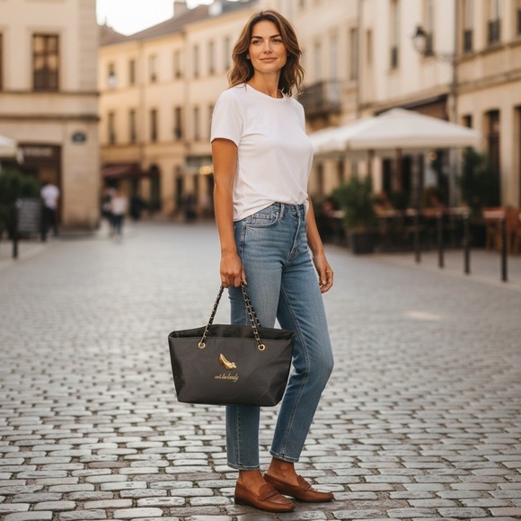 DSW Handbags - DSW Elegant Black Tote with Gold Details (B5)
